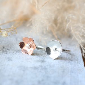 Handmade recycled silver and copper floral rings