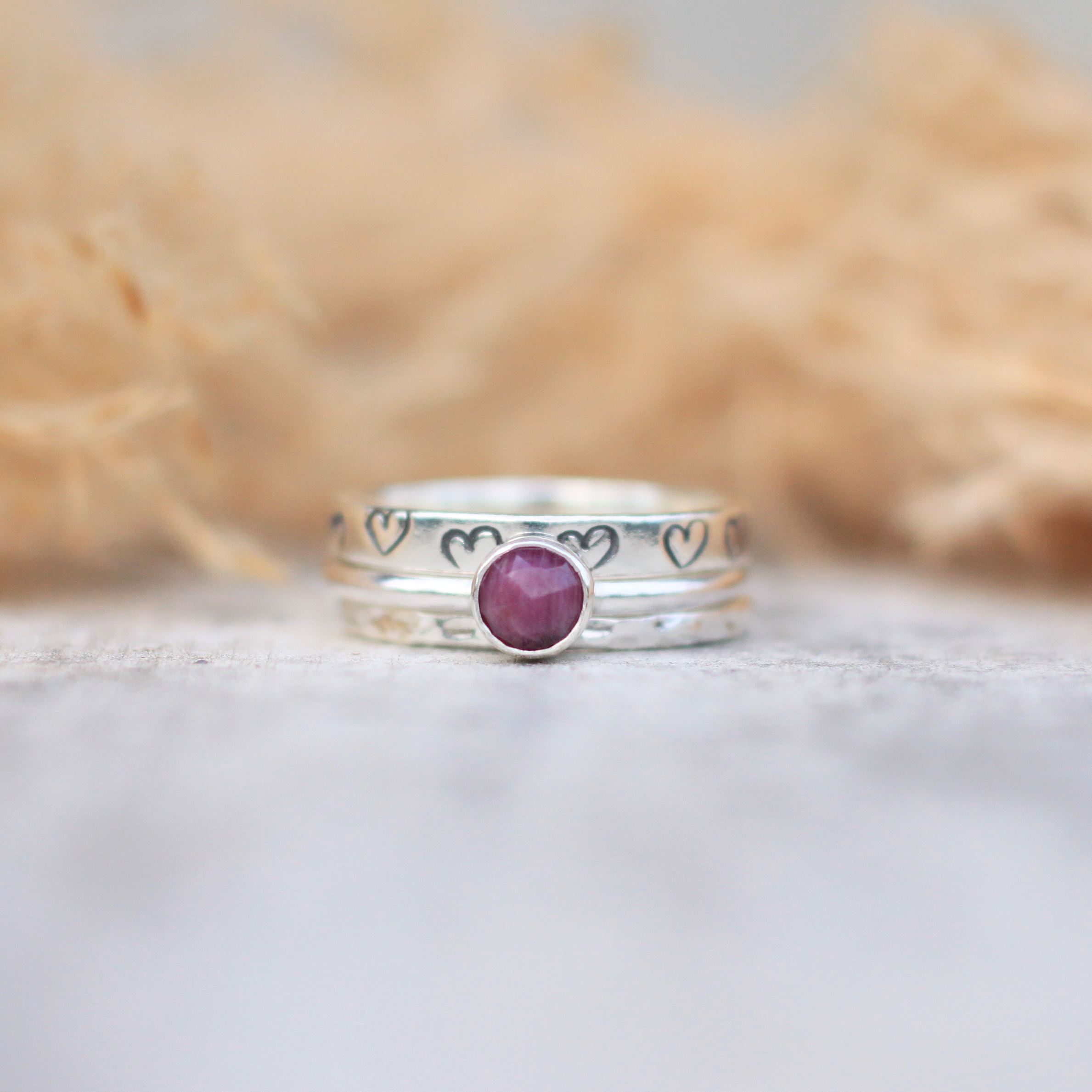 Eternal ruby and love heart stacking ring set