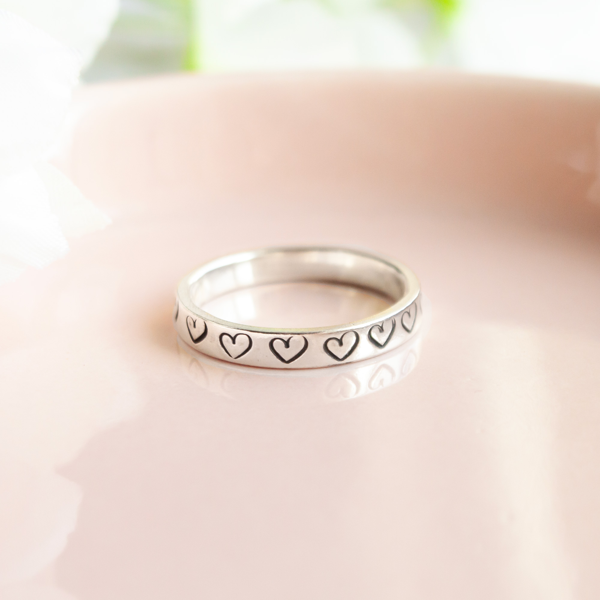 Heartbeat heart stamped silver stacking ring