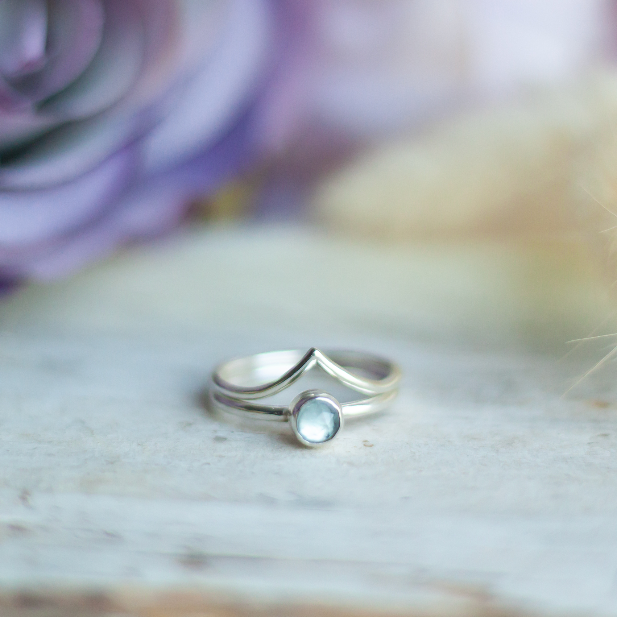 handmade silver wishbone and aquamarine stacking rings